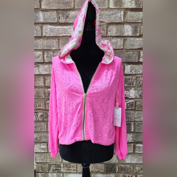 Hurley "LoveShackFancy" Pink Paisley Eyelet Zip Hoodie with Daisy Flowers - Picture 2 of 14